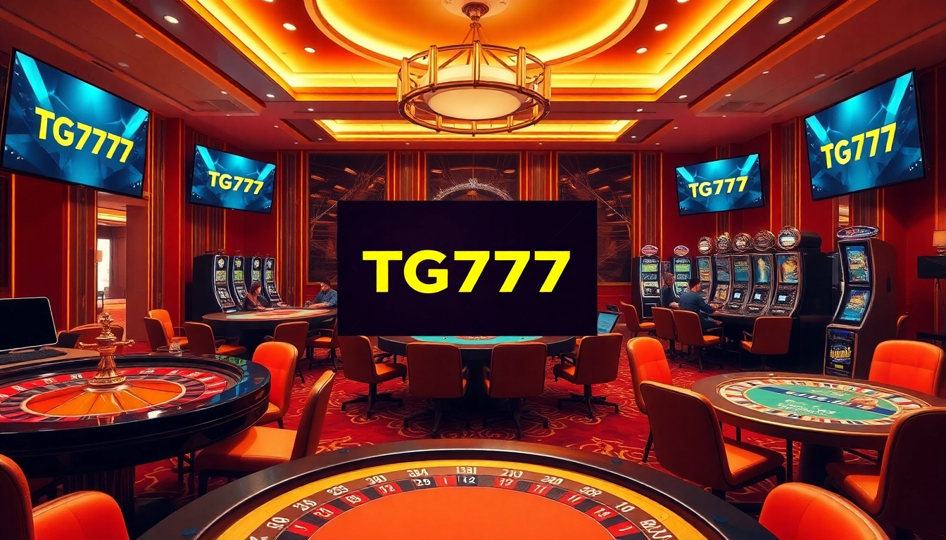 Thrilling online casino action showcasing TG777 link with players at poker and roulette tables.