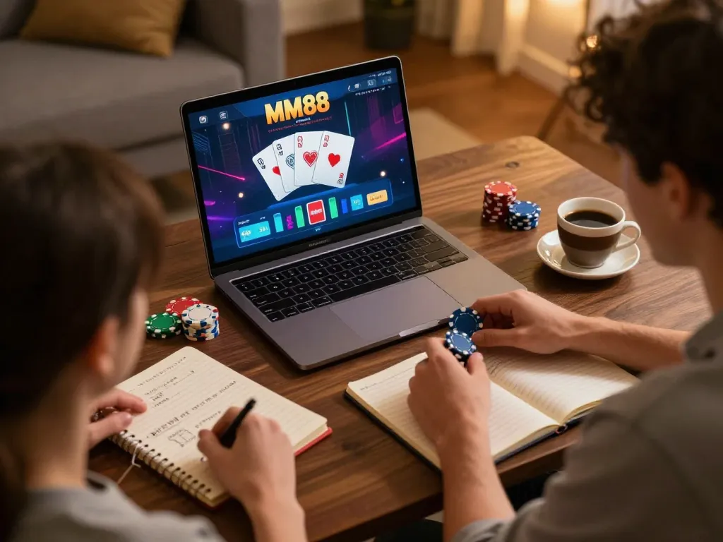 MM88 players strategizing during a cozy online poker session at home, emphasizing responsible gaming.