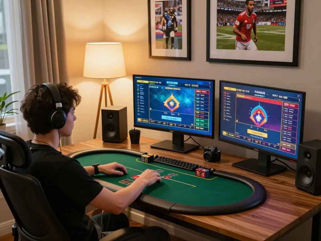 Engaging in online poker at FC88 with multiple screens and inviting atmosphere.