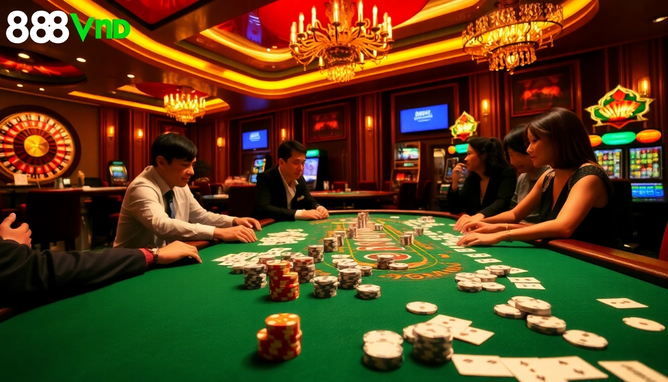 Experience luxury gambling at 888VND with poker chips, cards, and an engaging casino atmosphere.