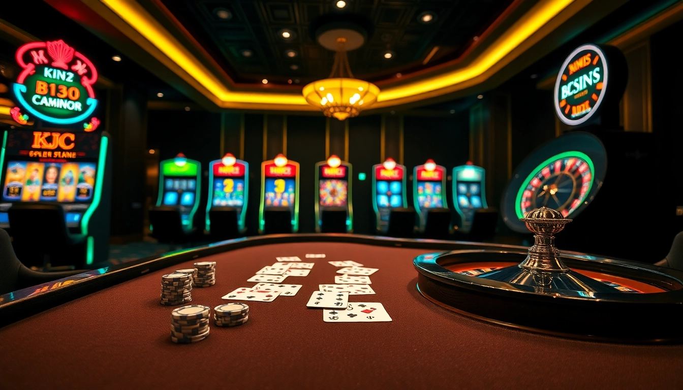 KJC casino scene showcasing luxury poker games and vibrant slot machines.