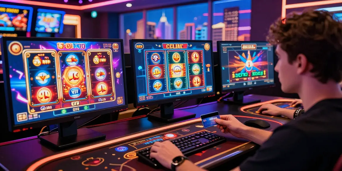 Player enjoying an online casino with multiple monitors and credit card in hand, showcasing casinos that accept credit cards.