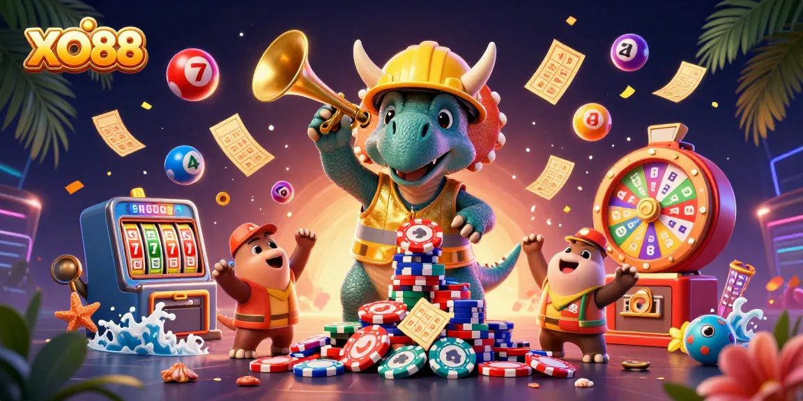 Engage with the thrilling world of XO88, where a triceratops builds poker chip towers amidst festive lottery elements.