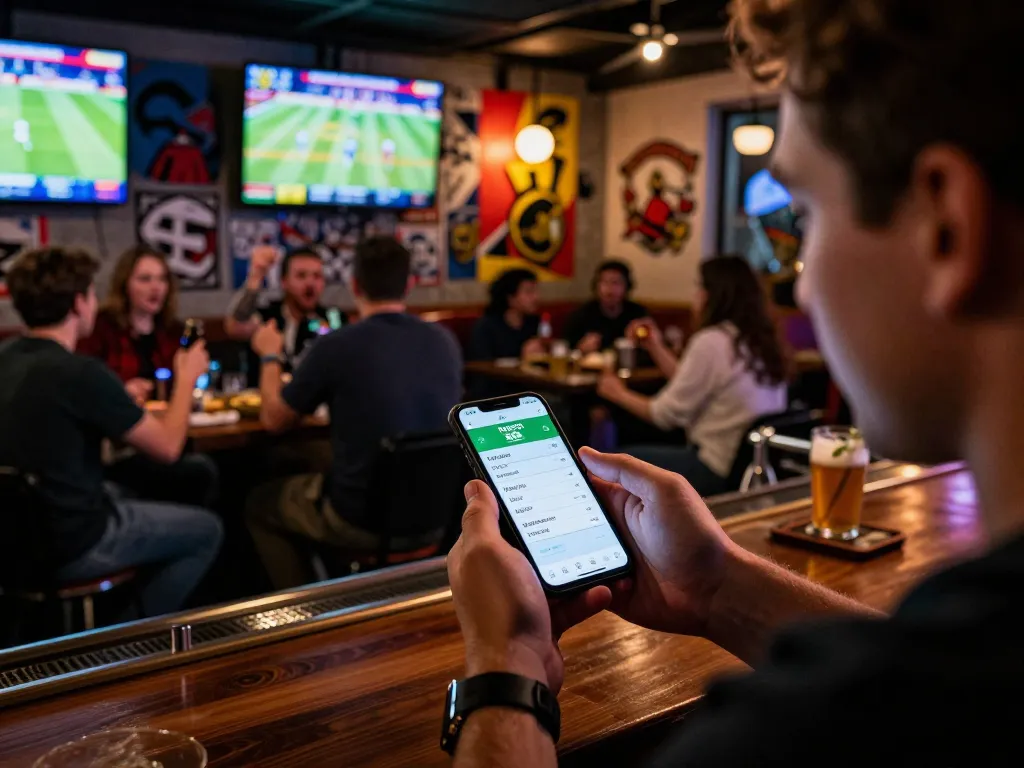Engaging in live sports betting with the KQBD app, showcasing dynamic odds in an exciting bar environment.
