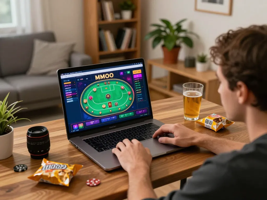 Engaging gameplay on MMOO platform with user strategizing in a cozy home environment