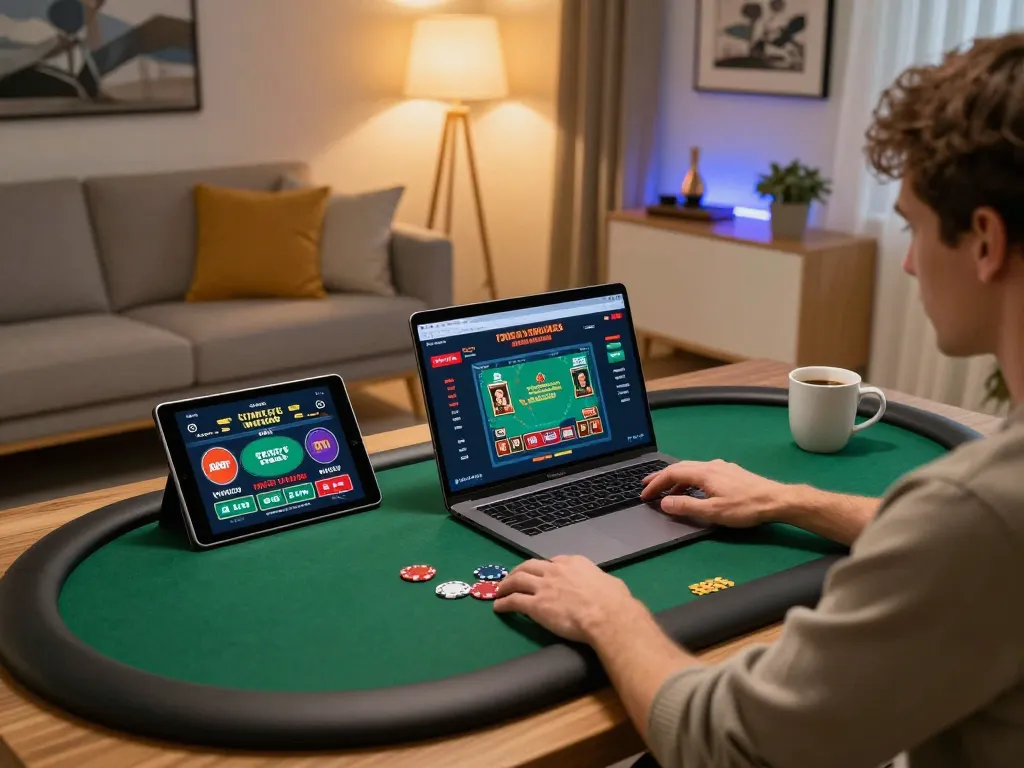 Engaged player at tip88 online casino, enjoying poker on laptop with strategic notes nearby