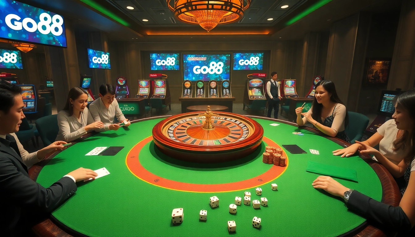 Exciting casino gaming at go88 with vibrant tables, cards, and illuminated roulette wheels.