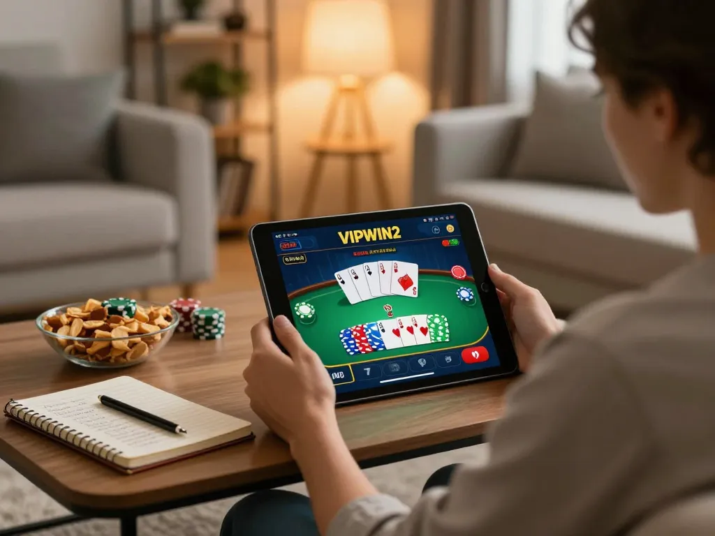 Player engaging with the VIPWIN2 app on a tablet in a cozy living room, showcasing online gambling strategy.