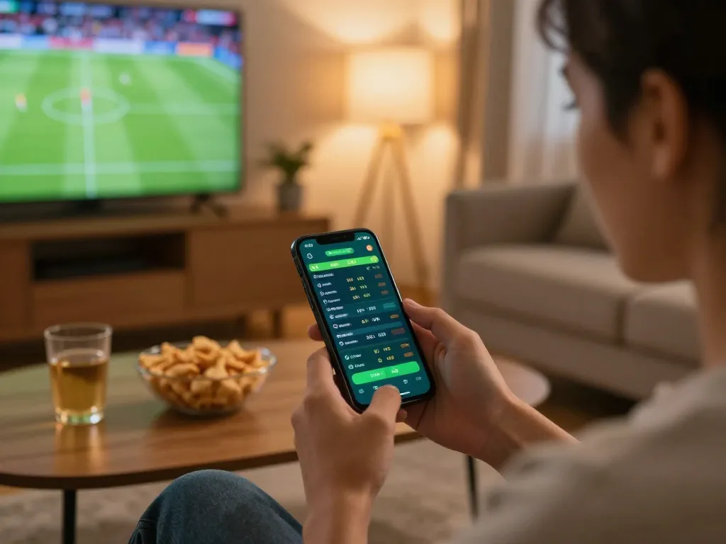 Person engaging in real-time sports betting on 888top from the comfort of home.