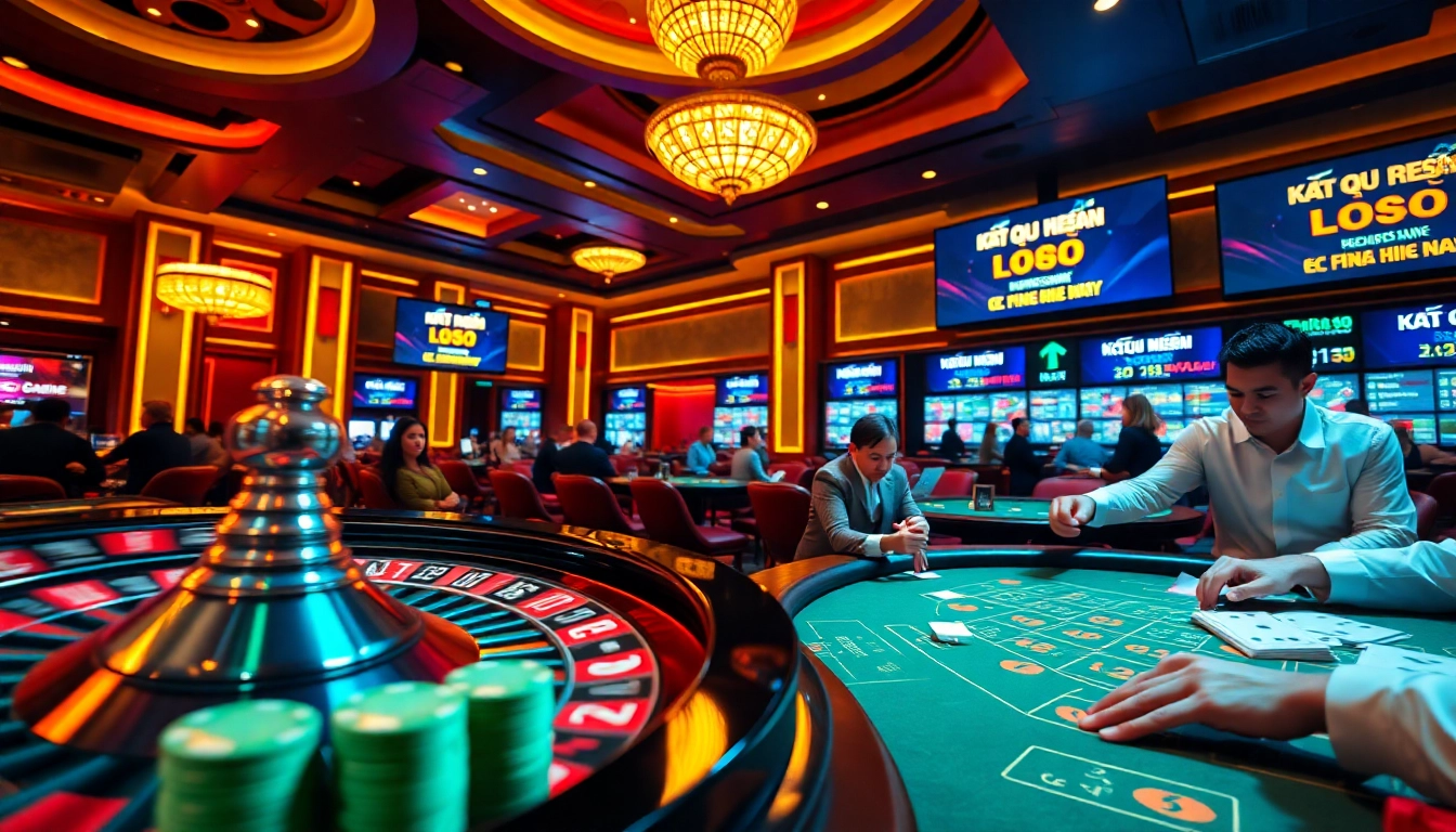 Kết quả xổ số hôm nay displayed on screens in an exciting casino environment with poker chips and a roulette wheel.