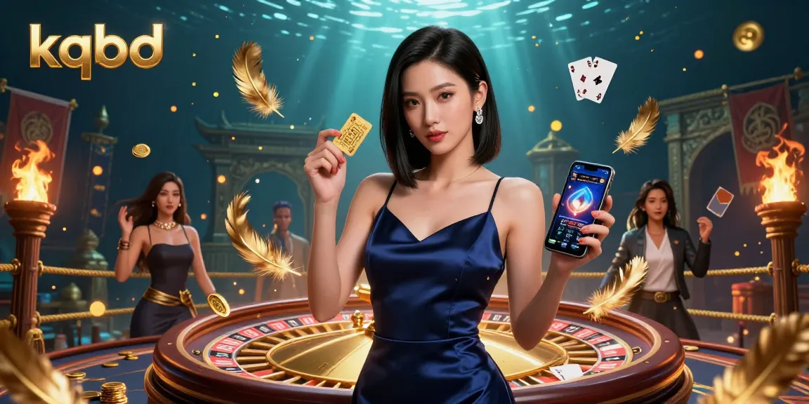 KQBD showcases a stunning Asian woman with a casino app and golden chip, surrounded by dynamic gambling elements.