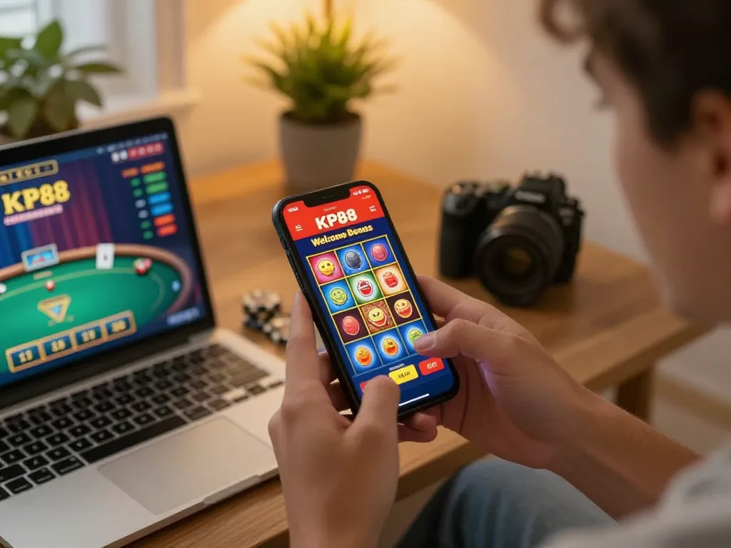 Player enjoying KP88 online casino slots on mobile app in cozy space, showcasing vibrant gaming interface.