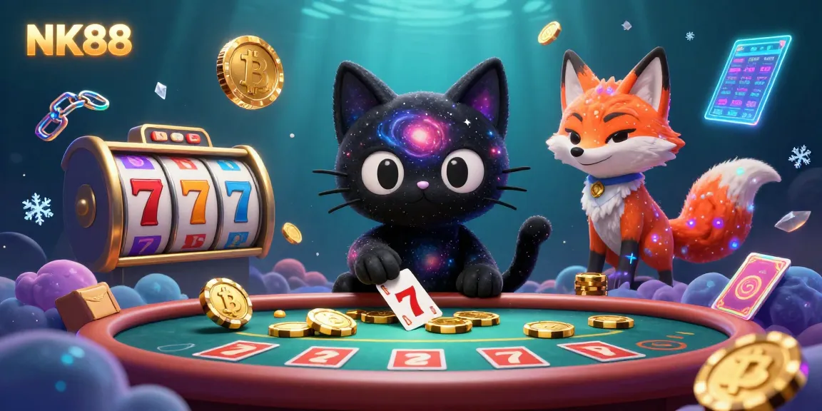 Engage with NK88 at a cosmic casino table, attracting gold chips and cards in a vibrant illustration.