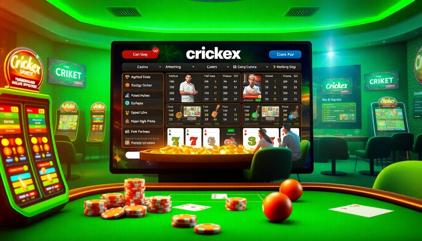 Crickex betting platform showcases live cricket bets and vibrant casino games.