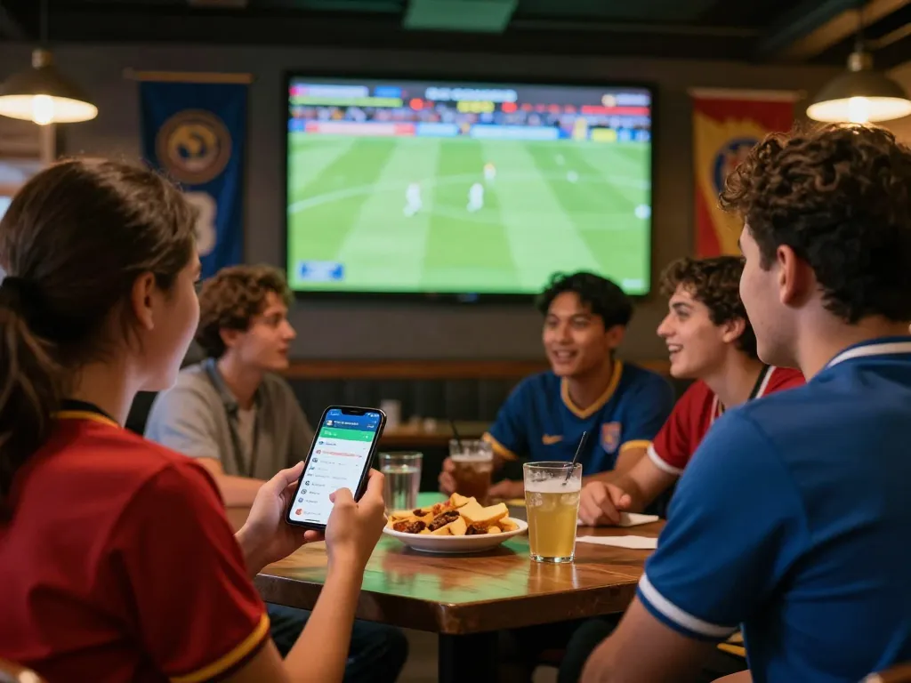Fan engaged in ดูบอล while placing bets on a mobile app at a bustling sports bar, emphasizing excitement and community.
