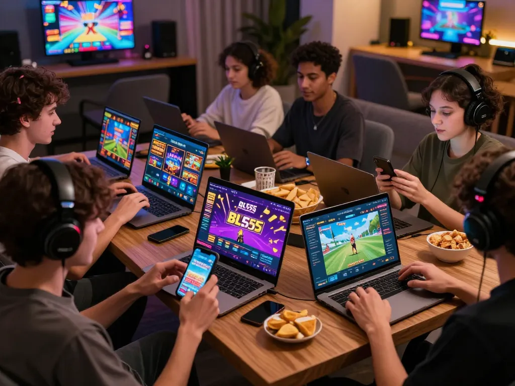 BL555 online gaming community enjoying vibrant casino games and sports betting in a modern lounge atmosphere, showcasing excitement.