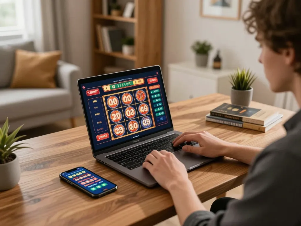 Person playing slots on their laptop at home, emphasizing vmax com online gambling experience