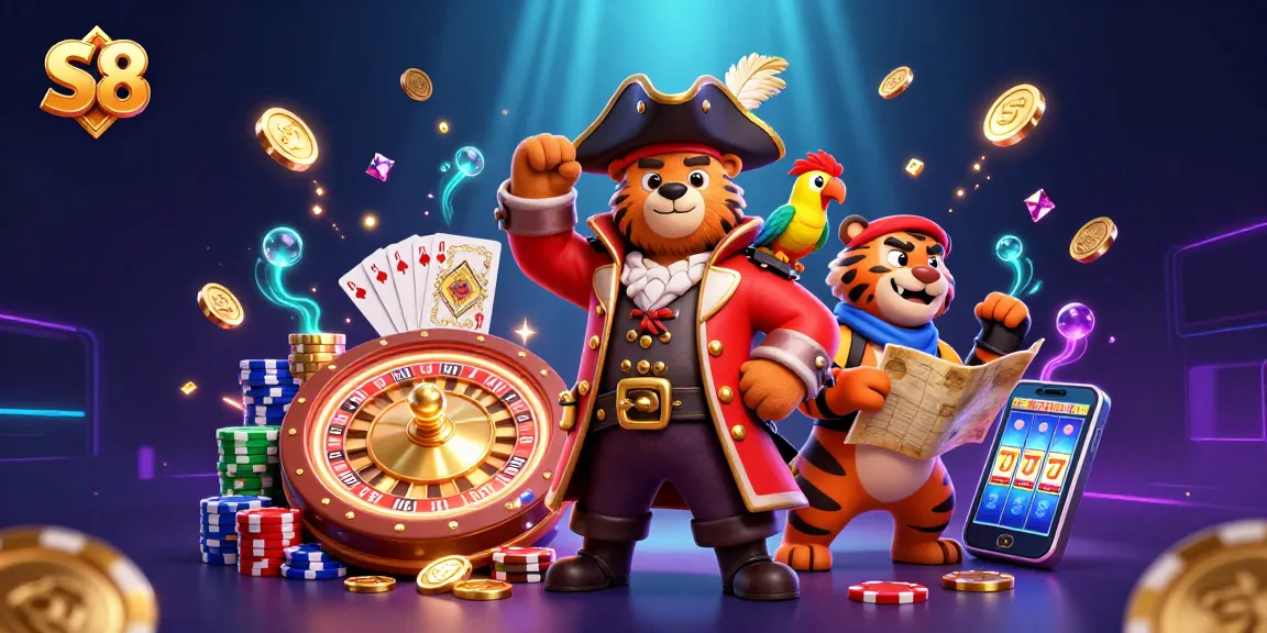 S8 casino gaming scene with a pirate bear, tiger, and treasure elements, showcasing vibrant action.
