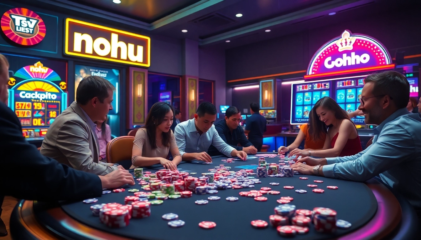 Engaging players enjoying nohu slot games at a vibrant casino table filled with colorful chips.