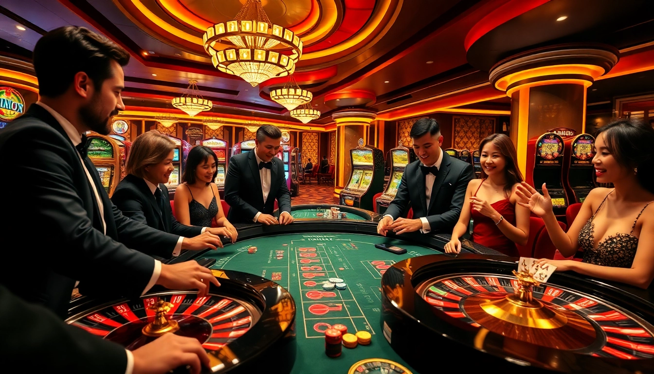 Experience the thrill of MMOO at a luxurious casino table with excited players and vibrant games.