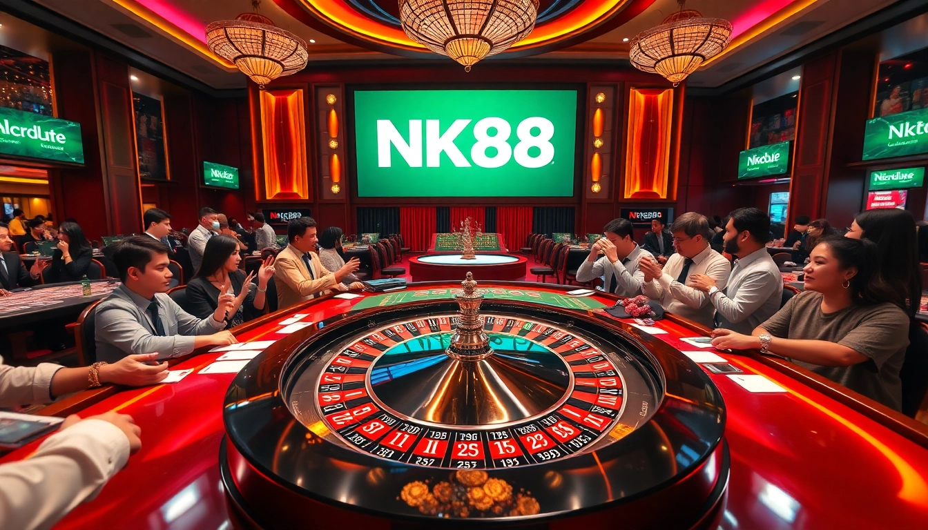 Players engaged in high-stakes betting at NK88's luxurious casino tables.