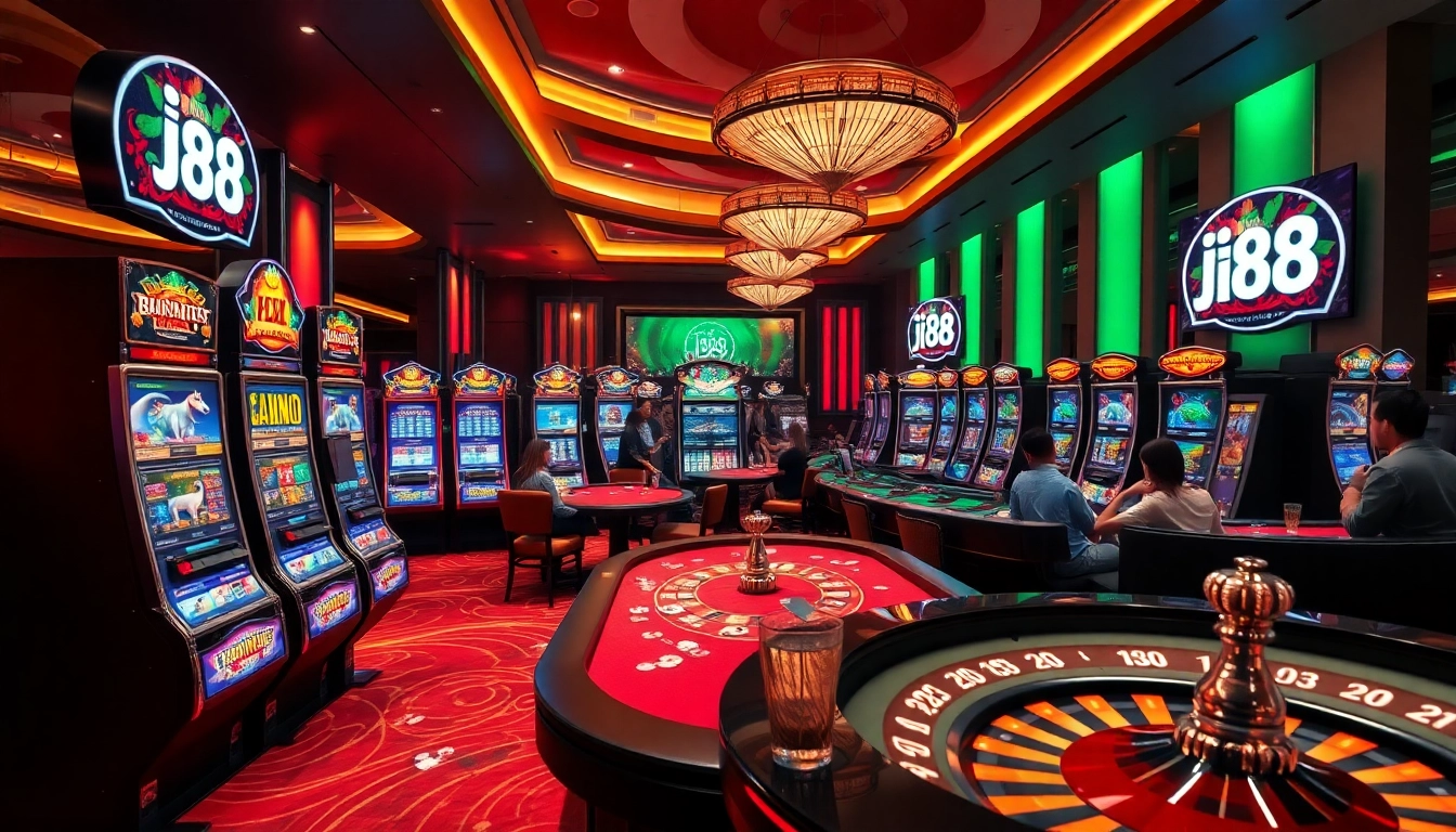 Engaged players at poker tables with vibrant j88 slot machines in an upscale casino setting.