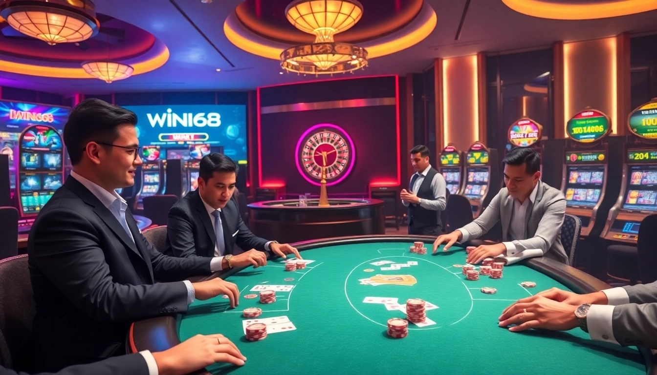 IWIN68 players enjoying a thrilling game at a luxury casino table with vibrant poker chips and cards.