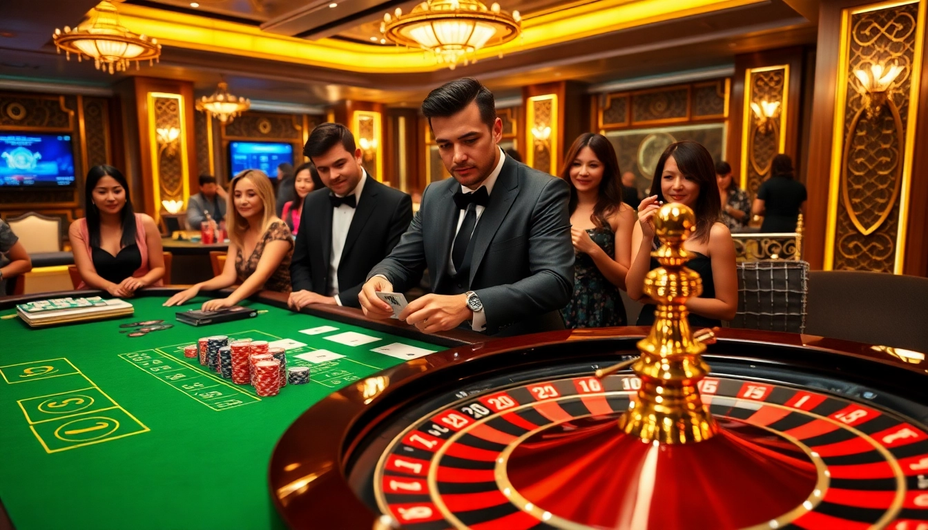 Gamblers placing bets at a poker table in an exciting rikvip casino environment.