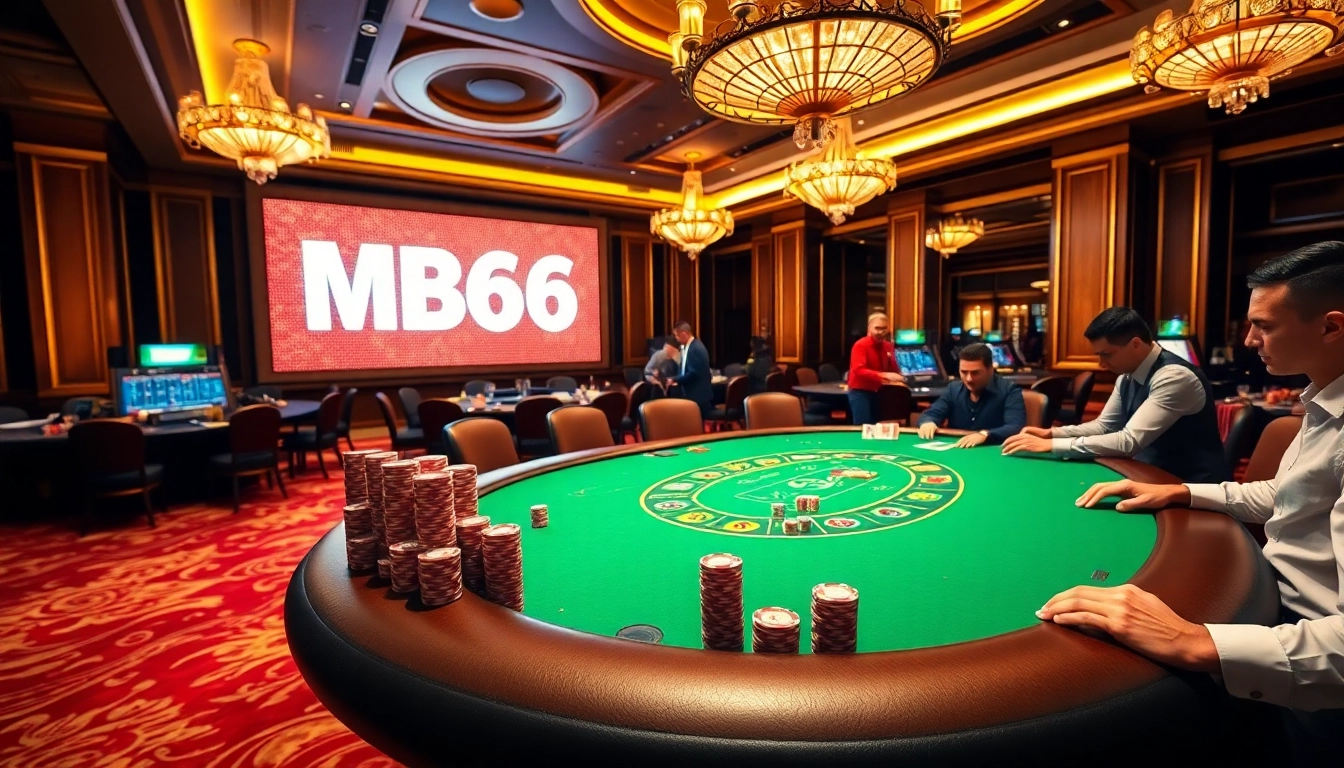 Exciting casino scene with players at a blackjack table, featuring MB66 prominently displayed.