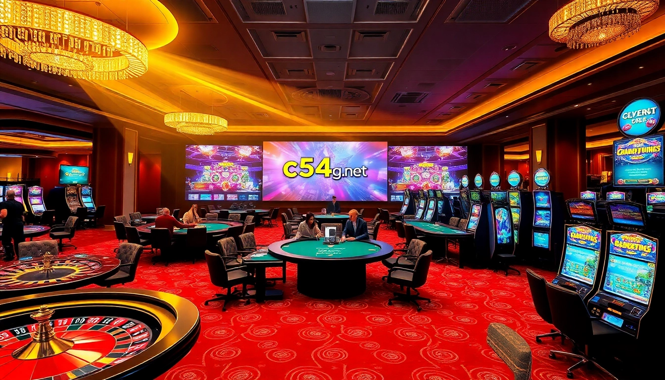 C54.gb.net showcases a vibrant casino atmosphere with roulette wheels, poker tables, and slot machines.