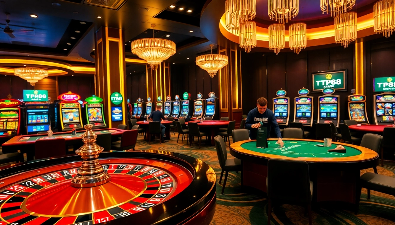 Experience the thrill of TP88 at a luxurious casino with vibrant poker tables and exciting slot machines.