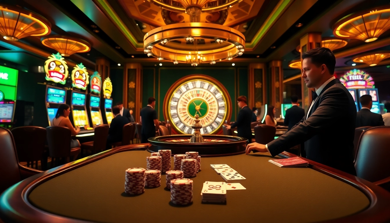 Experience the excitement of gambling at Fun88.com with a luxurious poker table and vibrant slot machines.