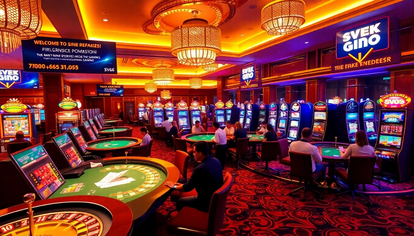 Engage with SV66's thrilling casino scene featuring players at poker tables and slot machines.