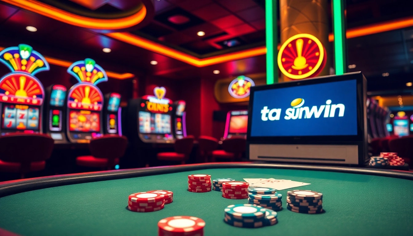 Engaging players with tai sunwin at a luxurious online casino table filled with vibrant poker chips and slot machines.