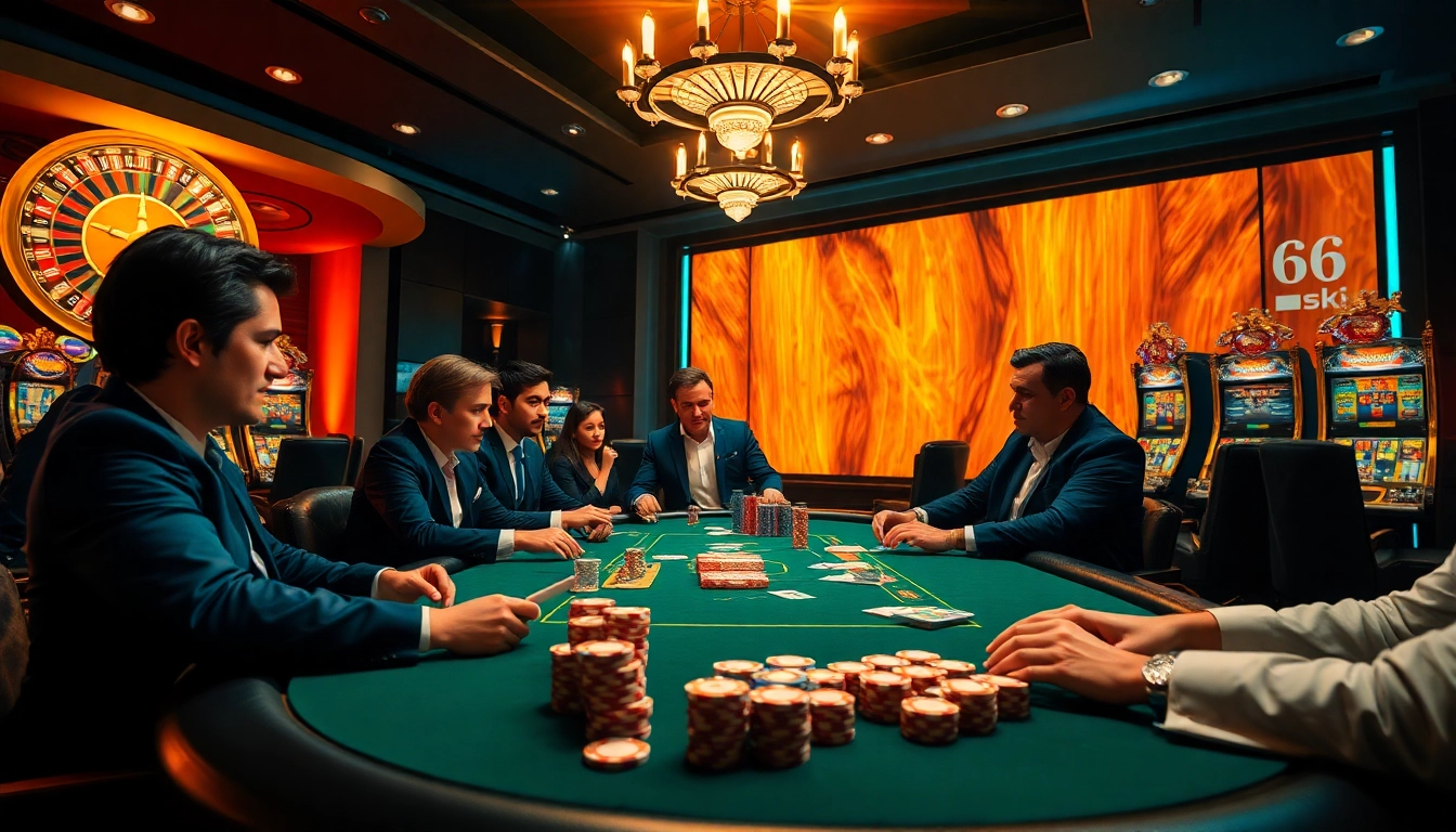 Players engaged in an exciting poker game at mb66.ski, showcasing vibrant casino elements and thrilling atmosphere.