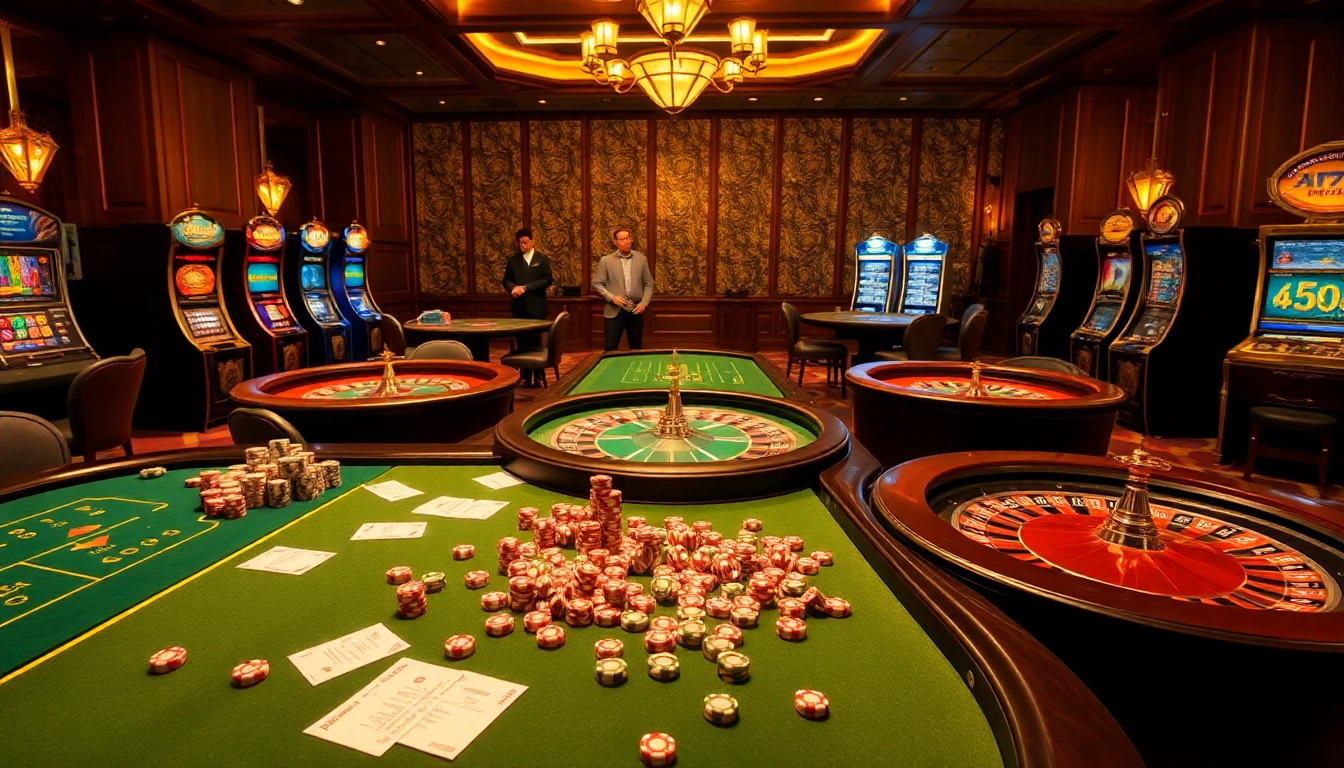 Experience the excitement of fun79 at a luxurious casino filled with vibrant game tables and eager players.