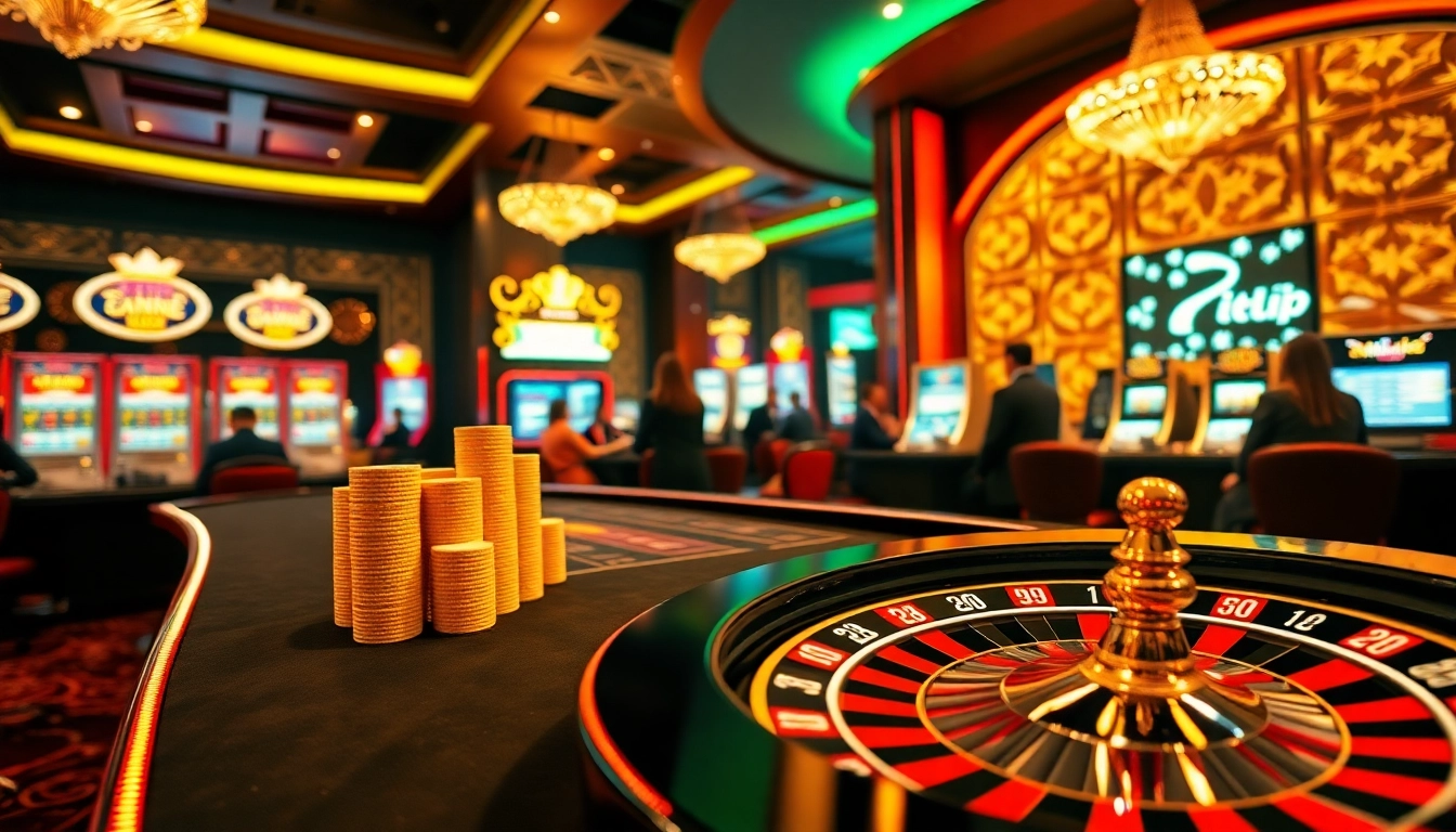 Experience the thrill of rikvip with players engaging at a luxurious casino table surrounded by vibrant games.