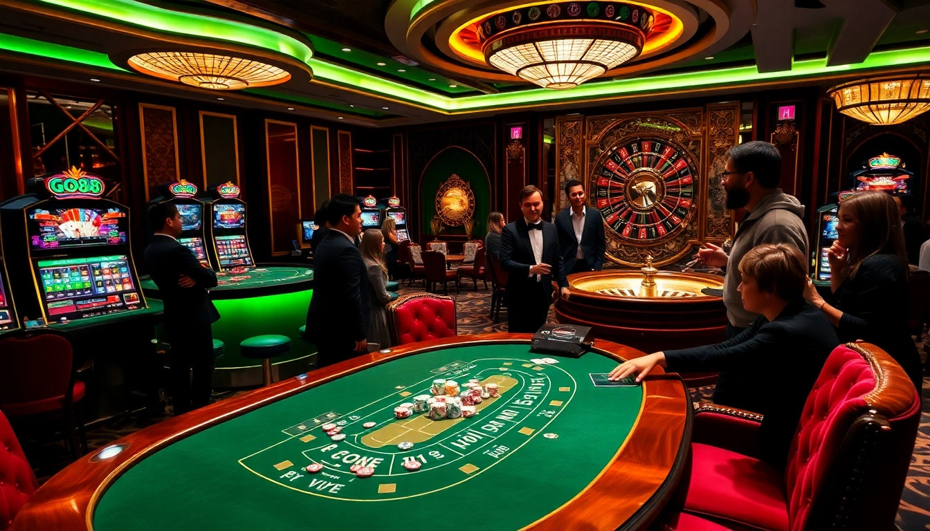 A dynamic GO88 VIP casino experience with players at a blackjack table, surrounded by vibrant slot machines and a roulette wheel.