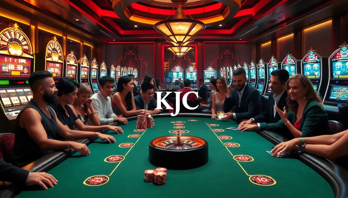 KJC gamblers enjoying a thrilling poker game at a luxurious casino table.