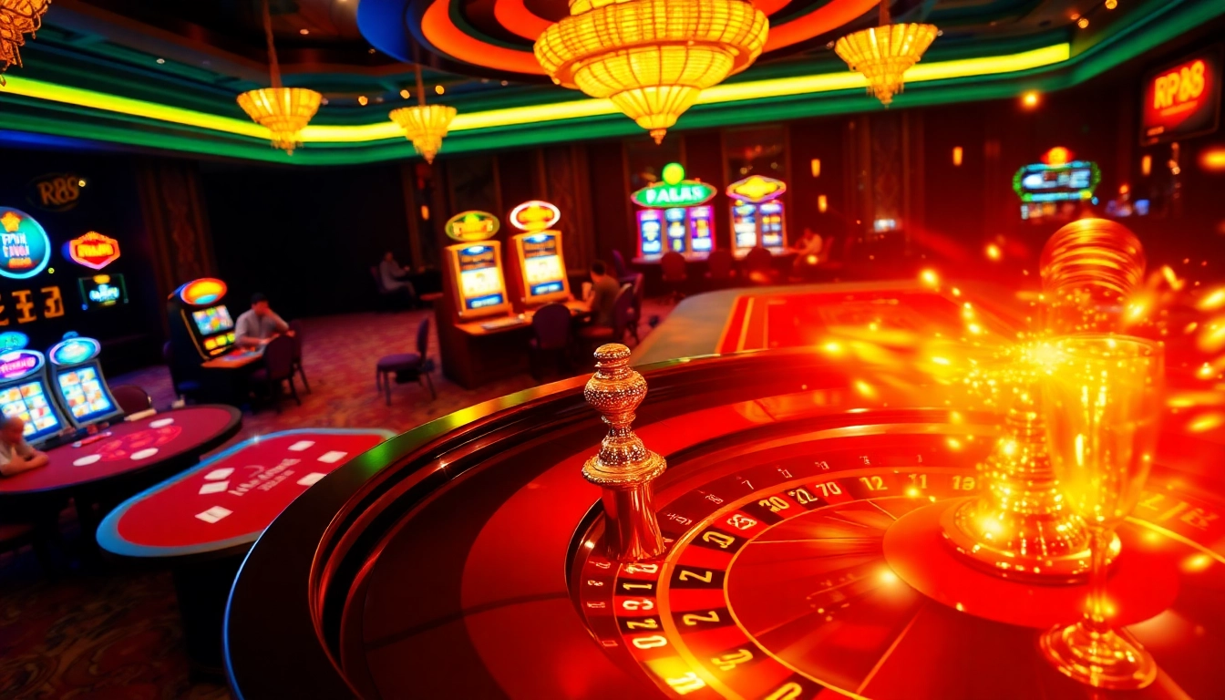 RR88 players enjoying an exciting game at a vibrant casino with roulette and poker tables