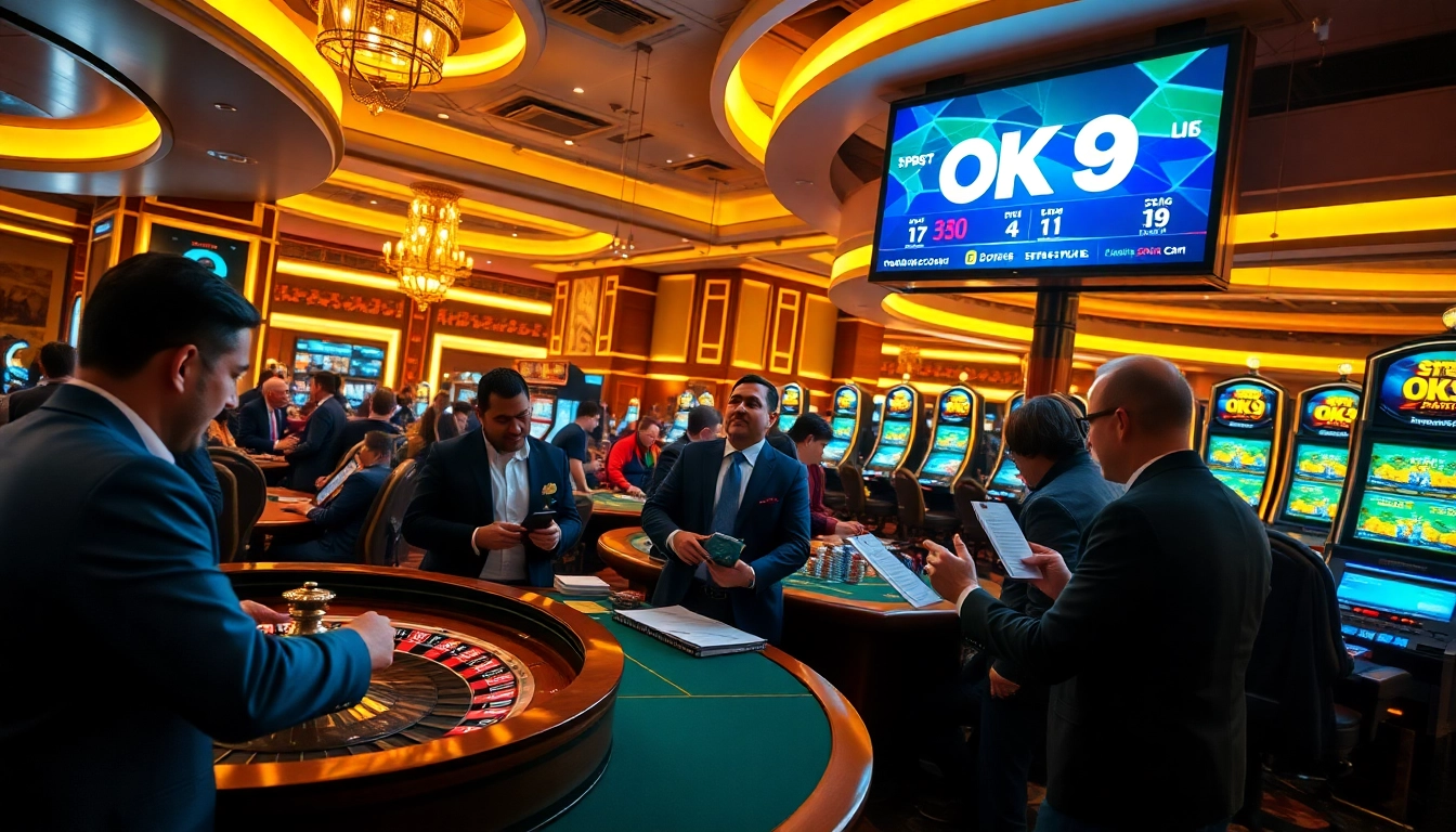 Engaging gamblers analyze odds at OK 9's luxurious sports betting area.