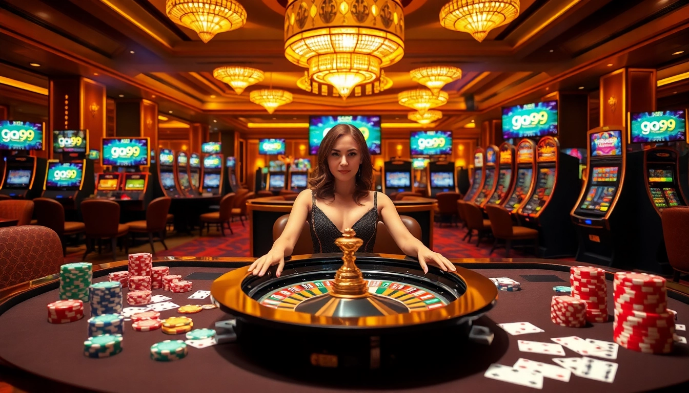 Experience the excitement of go99 in a vibrant casino scene with roulette, poker chips, and slot machines.