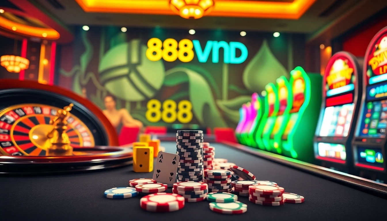 Experience the thrill of gambling at 888VND with vibrant tables and colorful poker chips.