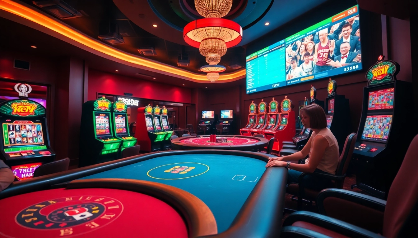 Exciting gaming scene at 789bet with vibrant casino elements showcasing poker tables and slot machines.