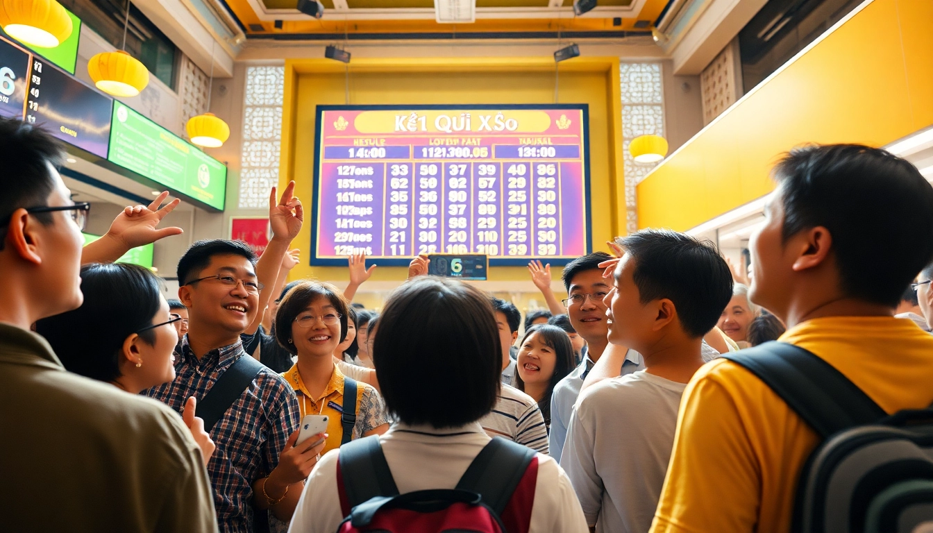 Kết quả xổ số announcement scene with diverse people eagerly watching the results