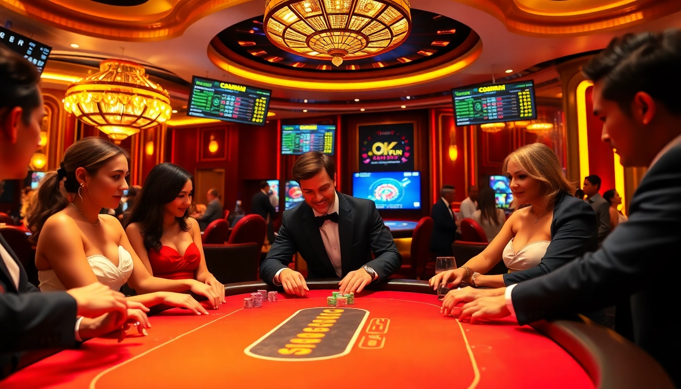 Engaging in thrilling poker action at OKFUN's luxurious casino table.