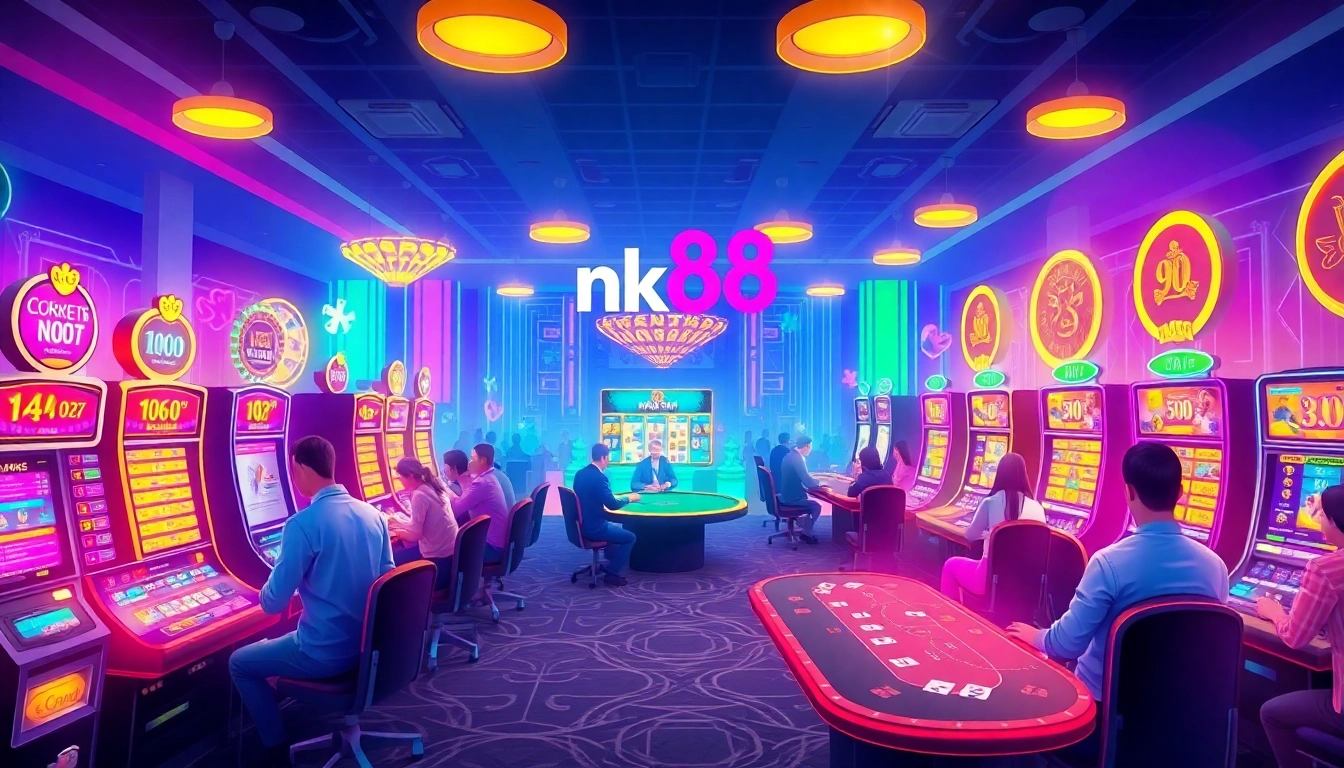 Exciting casino scene with nk88 branding, players, and vibrant gaming elements.