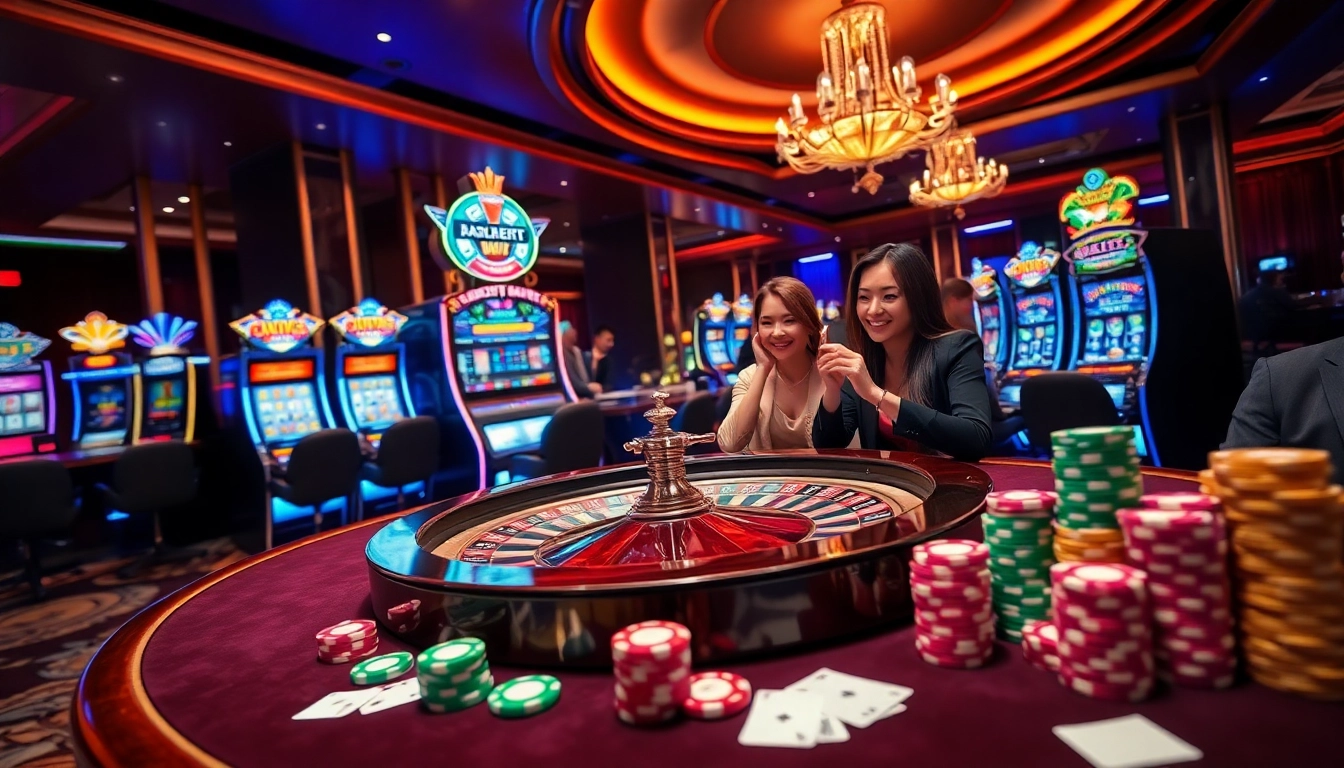 Experience the excitement of gambling at https://tg88.to/ with an elegant casino scene featuring roulette, slots, and poker chips.