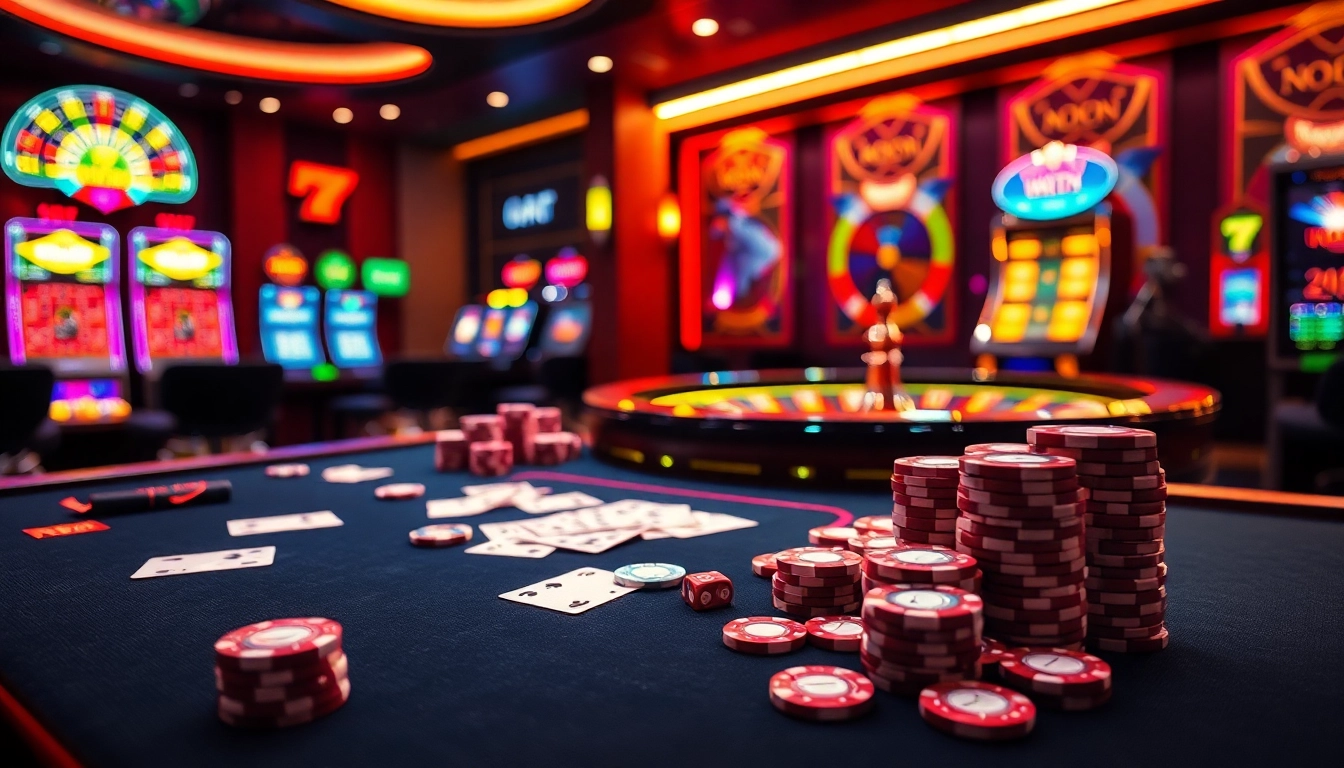 NOHU52 players engaging intensely at a vibrant casino table surrounded by cards and chips.