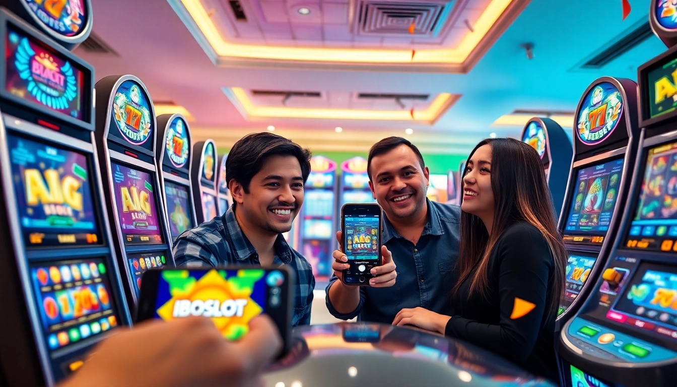 Situs toto immersive gaming environment featuring players excitedly engaging with colorful slot machines.